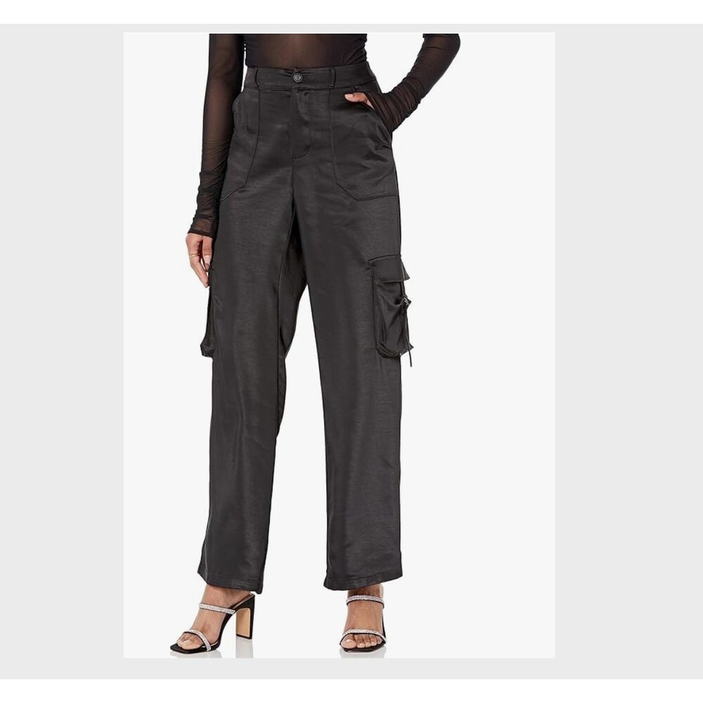 The Drop Women's Jessenia Shine Black Satin Wide Leg Cargo Pants Casual Size S